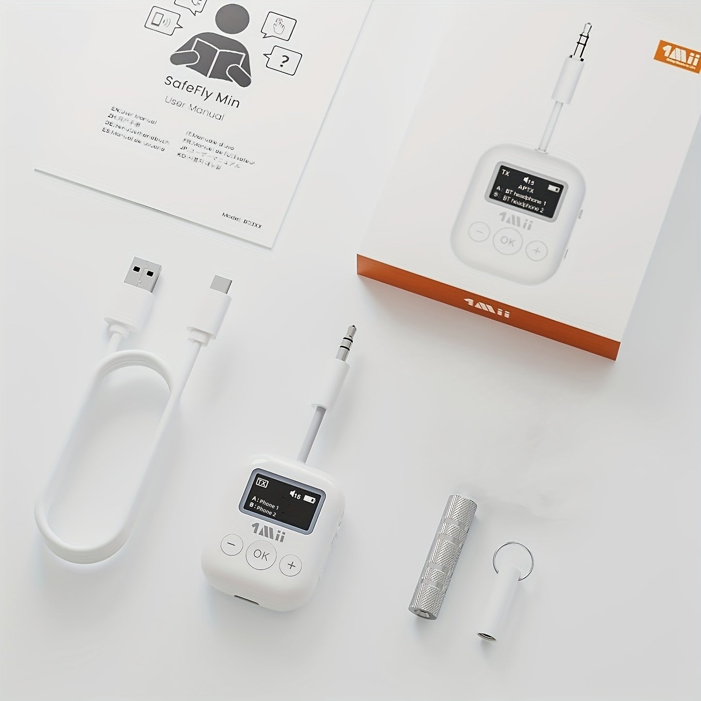 1Mii Wireless 5.3 Airplane/TV Adapter With Dual Pairing & AptX Low Latency - Wireless Transmitter For 3.5mm Headphones, Travel Essentials (White)