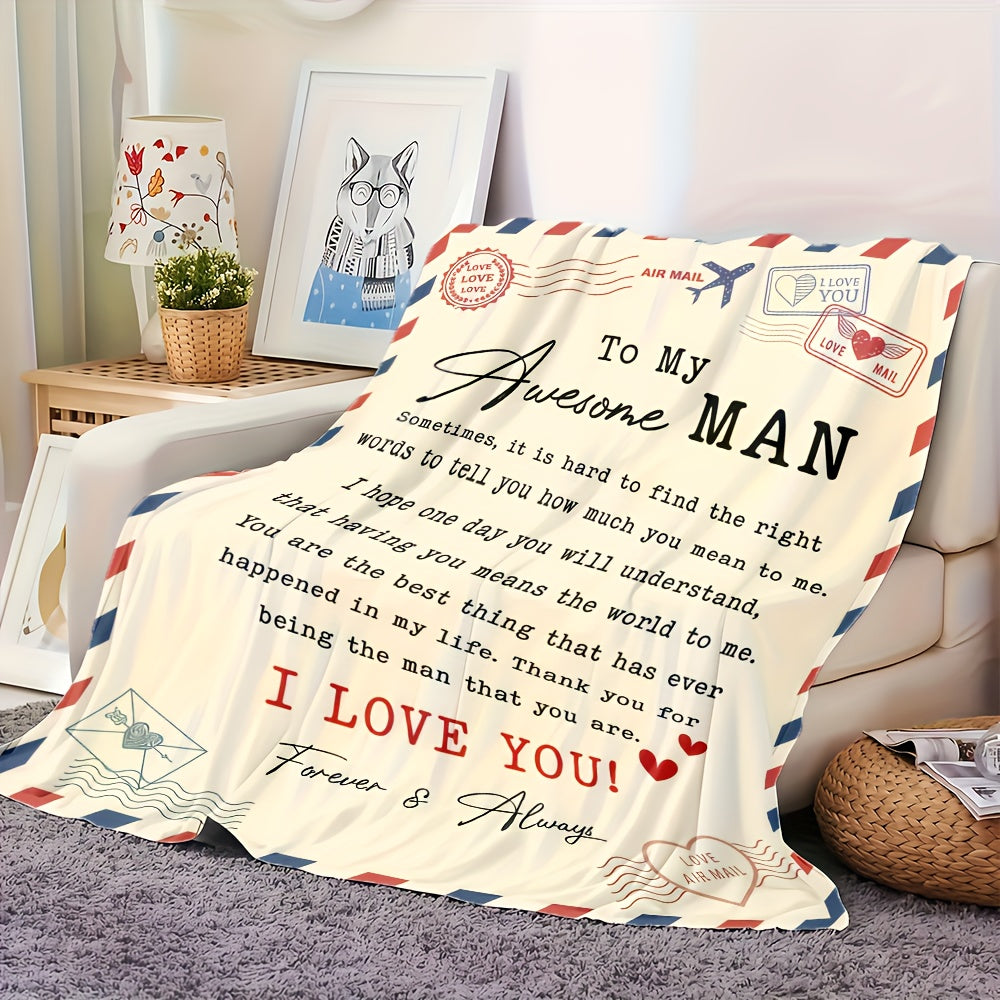 1pc to My Awesome for man Couples Blanket | Extra Long 5x8ft Flannel Bedspread - Romantic Gift for Husband, Boyfriend, Dad - Soft Beige & Red Love Notes - All-Season Keepsake - Ideal for Anniversary, Birthday, Valentine'S - H