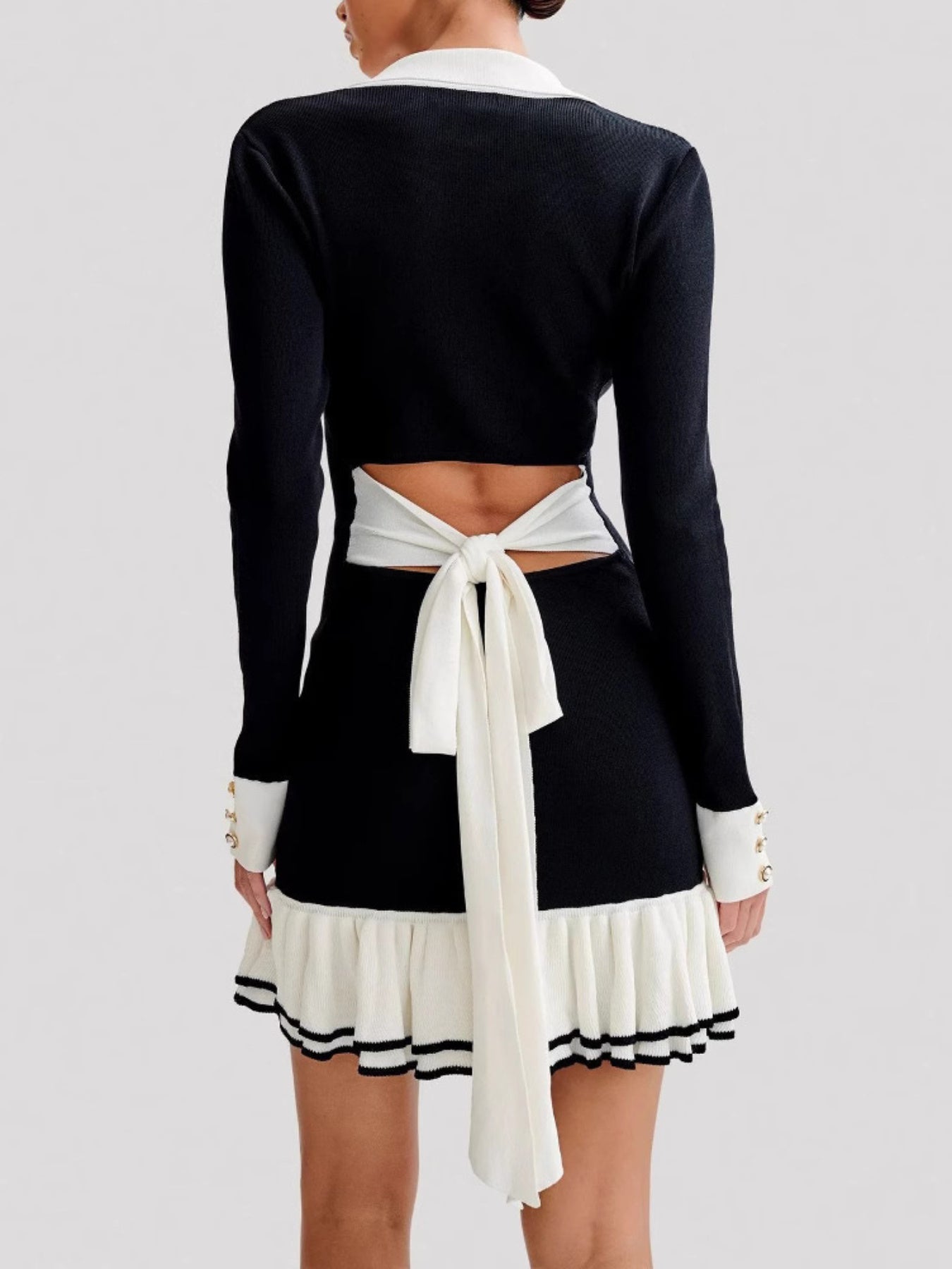 Socato ' Elegant Bow Tie -Neck Dress with Ruffle Trim & Pearl Buttons - Sleeve Pencil Gown for Weddings, Parties, Spring/Autumn Events - Solid Color Non-Stretch Dress for females