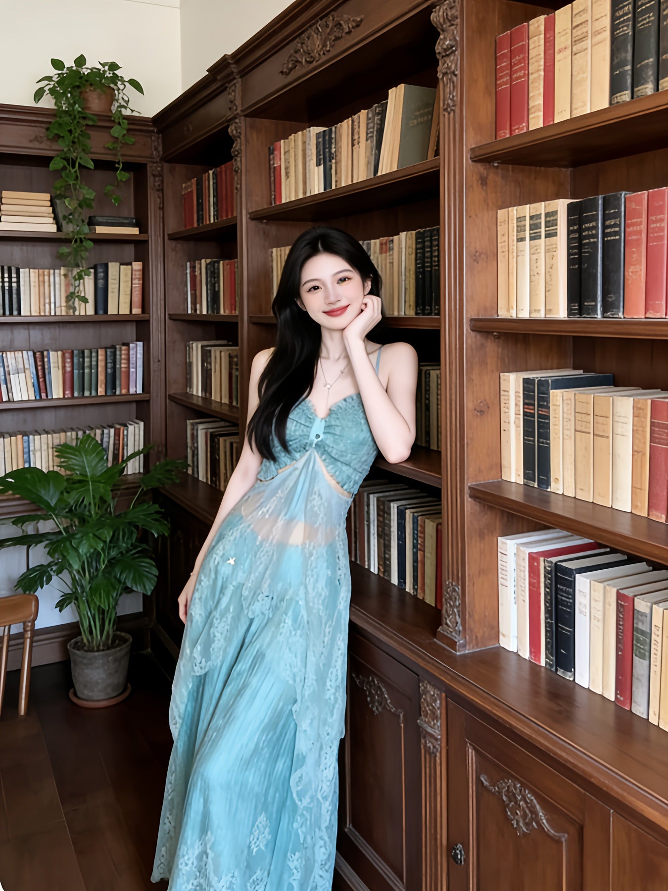Cool-toned Halter Neck Camisole Dress | Mint Green Lace Sheer Waist-Cinching Maxi Dress, Soft Vibe Atmosphere Outfit, Asymmetrical Long Two-Piece Set, Ideal for Spring/Summer Vacation