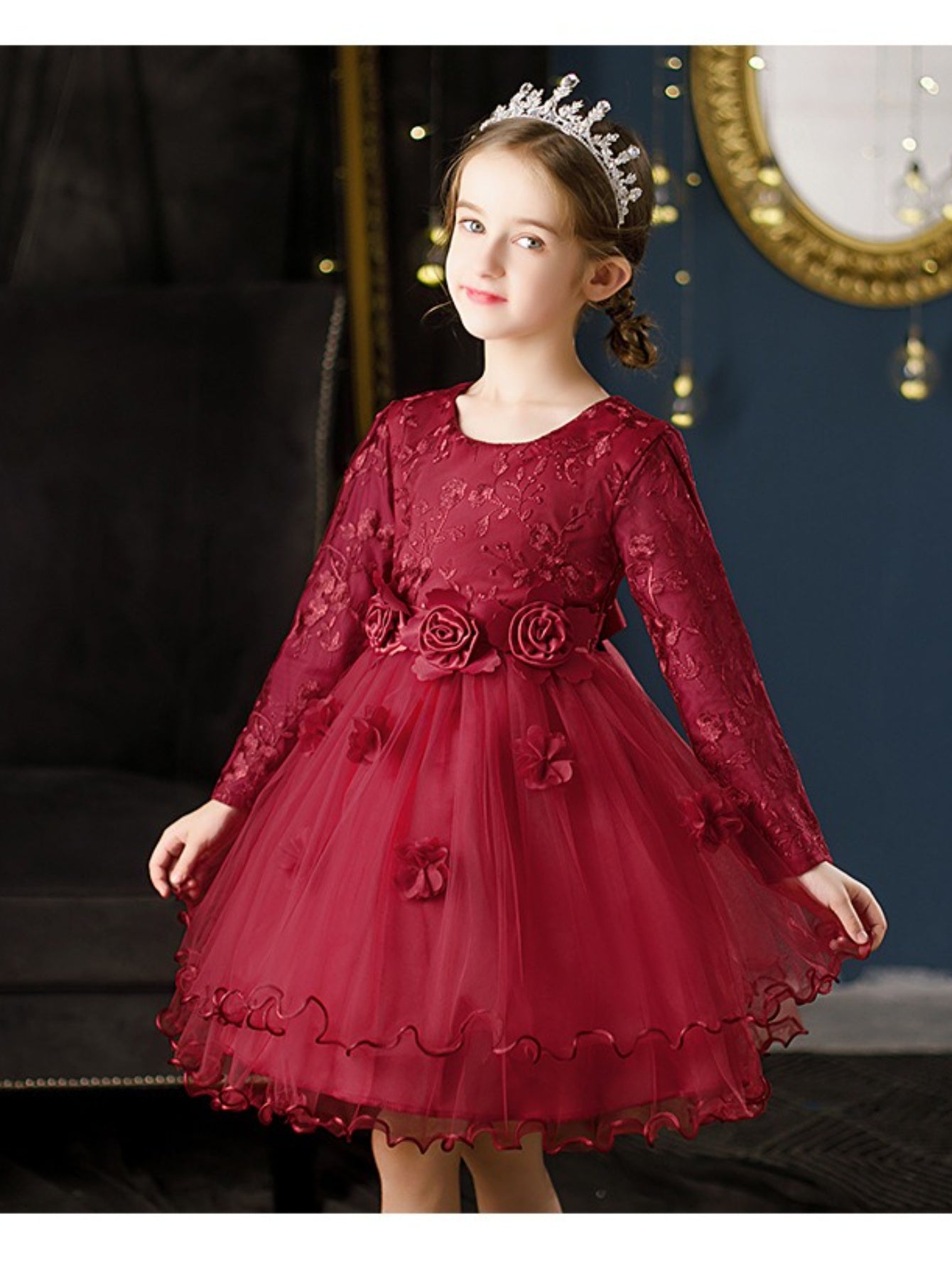 [Princess Style Girls' Dress] Emerald Green Princess Style Lace Long Sleeve Girls' Dress | Floral Waist Tiered Skirt Party Dress for Special Occasions & Daily Wear