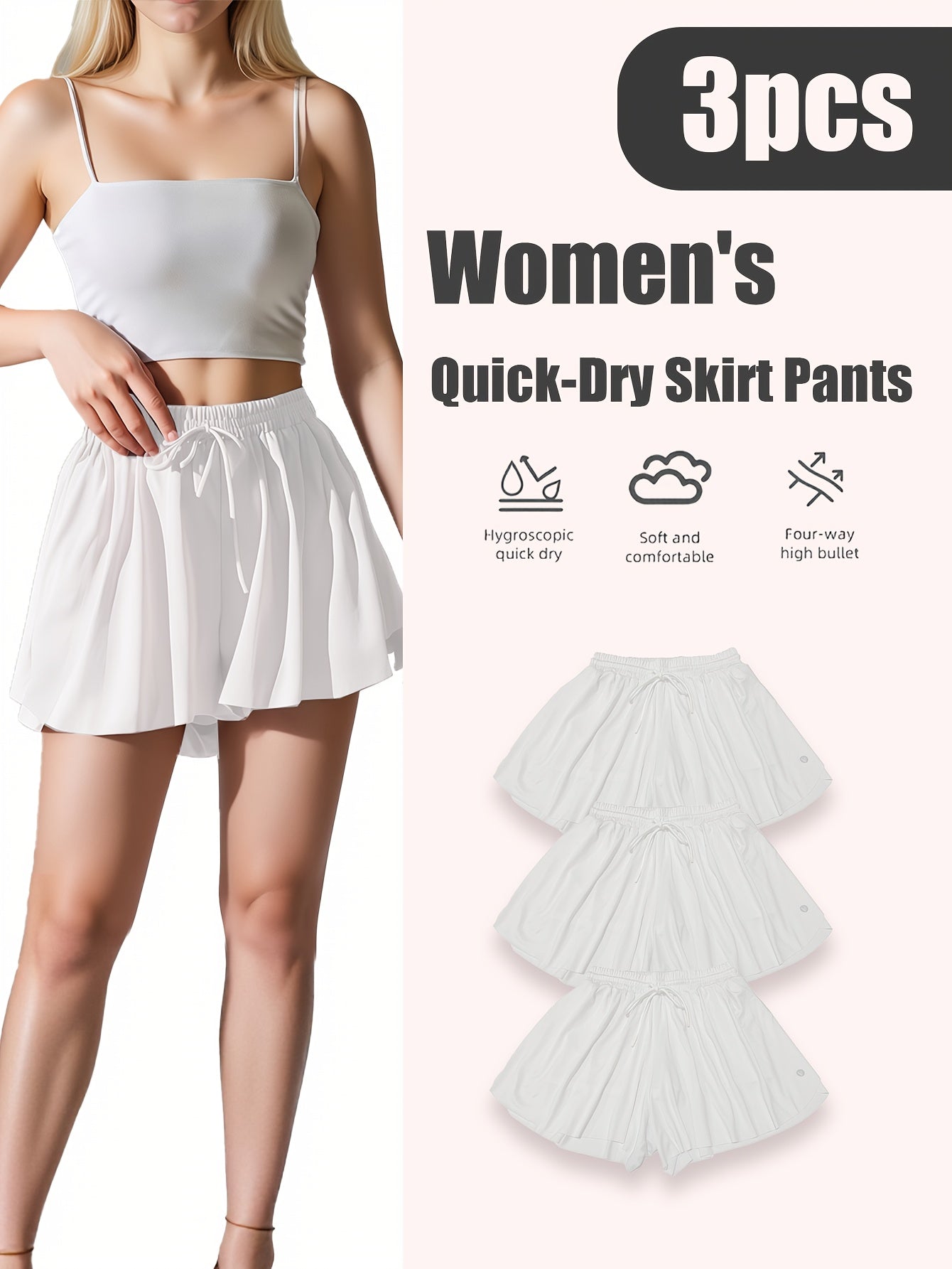 Women's Quick-Dry 3pcs Sports Skirt & Shorts Set with Built-In Safety Shorts - Solid Color Pleated Skater Skirt, Gymnastics Running Jumping Outfit, Spring Summer Fall Athletic Wear, Machine Washable (No Transparency)