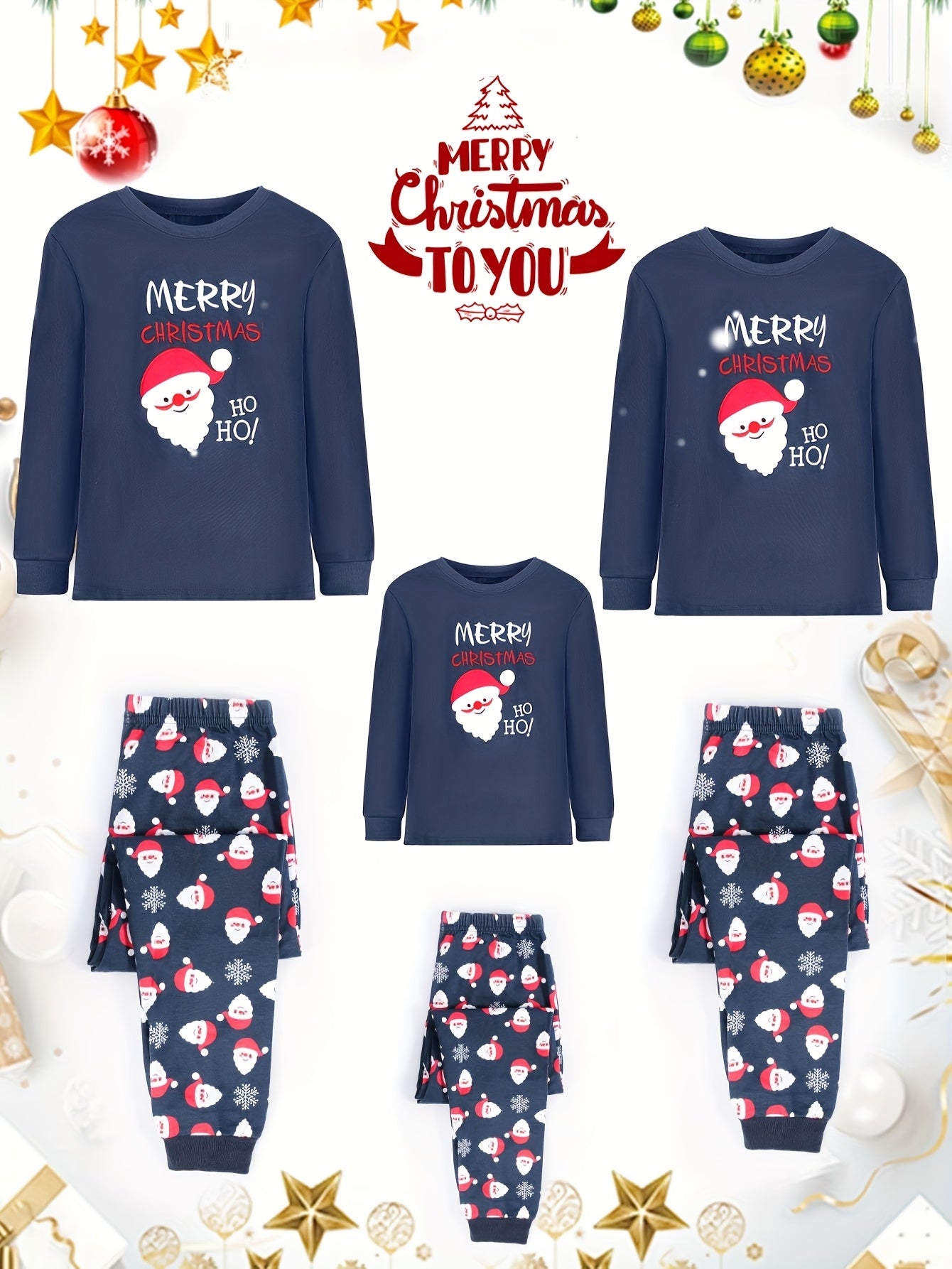 2-Pack Family Matching Christmas Pajamas Set, Santa And Tree Print Long Sleeve Nightwear Set for Men, Kids Family Pjs, Holiday Party Pajamas