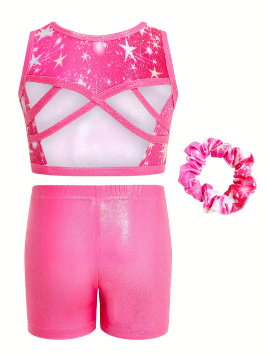 3pcs Sleeveless Gymnastics Leotards, Mesh Spliced Neckline Ballet Tumbling Outfit for Girls with Shorts And Hair Tie, Crisscross Mesh Back Kids Ballet Dancewear, Athletic Outfit for Ages 3-12, Perfect for Outdoor