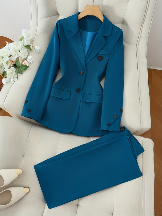 Women's Solid Color Peaked Lapel Heart Decorated Cuffs And Button Decorated Suit Jacket Top And Wide-leg Pants Two-piece Set