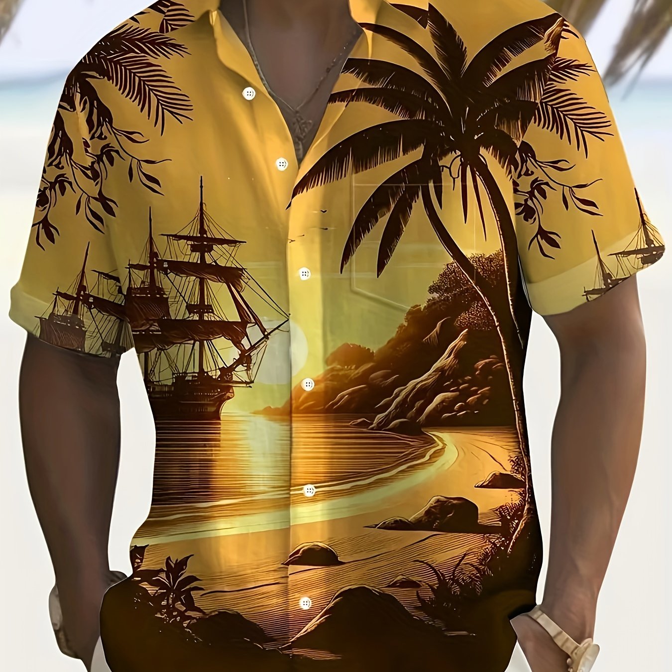 Men'S 3D Printed Tropical Sunset Sailboat & Hawaiian Beach Scene Short Sleeve Shirt - Vibrant Palm Tree & Ocean Print, Breathable, Chest Pocket, Casual Button-Front Closure, All-Season Comfort, Ideal for Summer Vacation & Bea