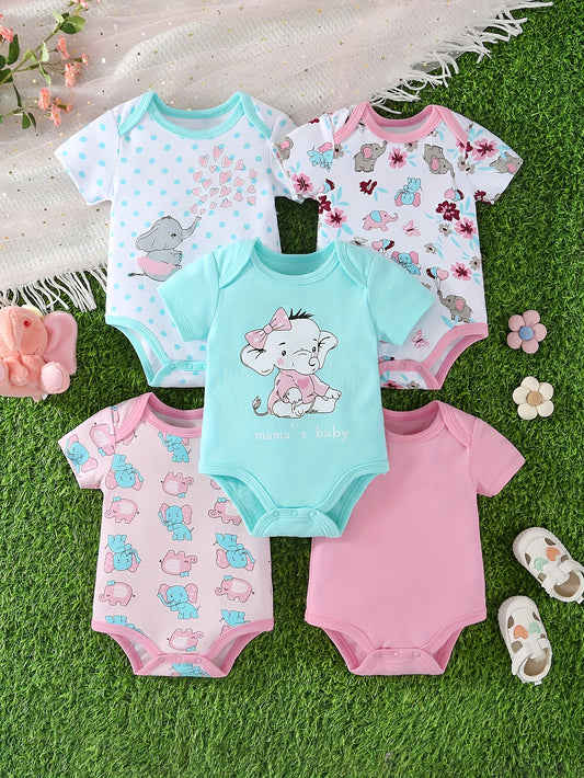 5pcs Set Of Baby Girl Short Sleeved Triangle Jumpsuit, Pink Elephant Cute Baby Girl Hoodie, Crawling Suit, for Outdoor