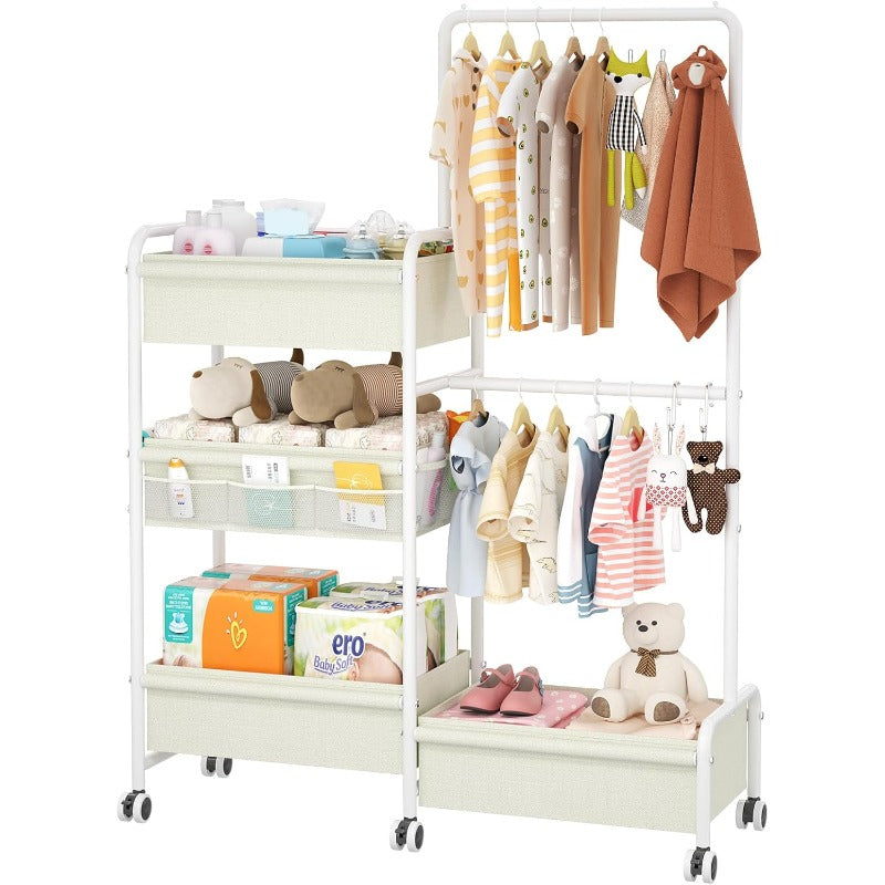 Two-in-One Diaper Caddy and Clothes Organizer Rolling Cart