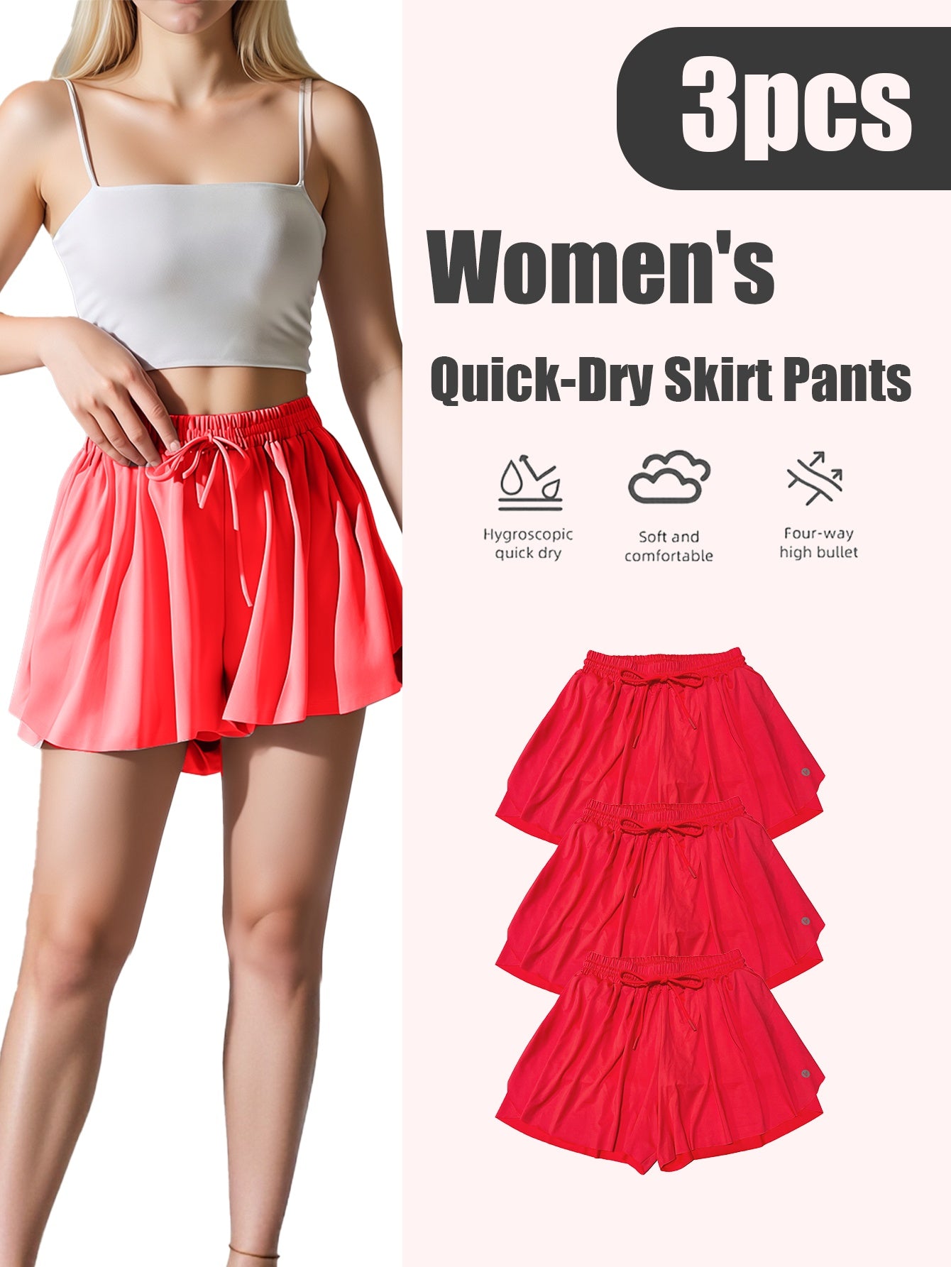 Women's Quick-Dry 3pcs Sports Skirt & Shorts Set with Built-In Safety Shorts - Solid Color Pleated Skater Skirt, Gymnastics Running Jumping Outfit, Spring Summer Fall Athletic Wear, Machine Washable (No Transparency)