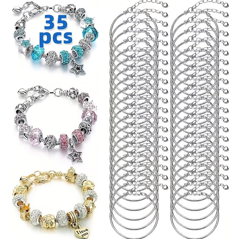 35pcs Silvery Snake Pendant Charm Bracelets - Adjustable Stretchable Elastic Bangle Style Stainless Steel Material, Perfect for DIY Jewelry Making Supplies Suitable for Women And