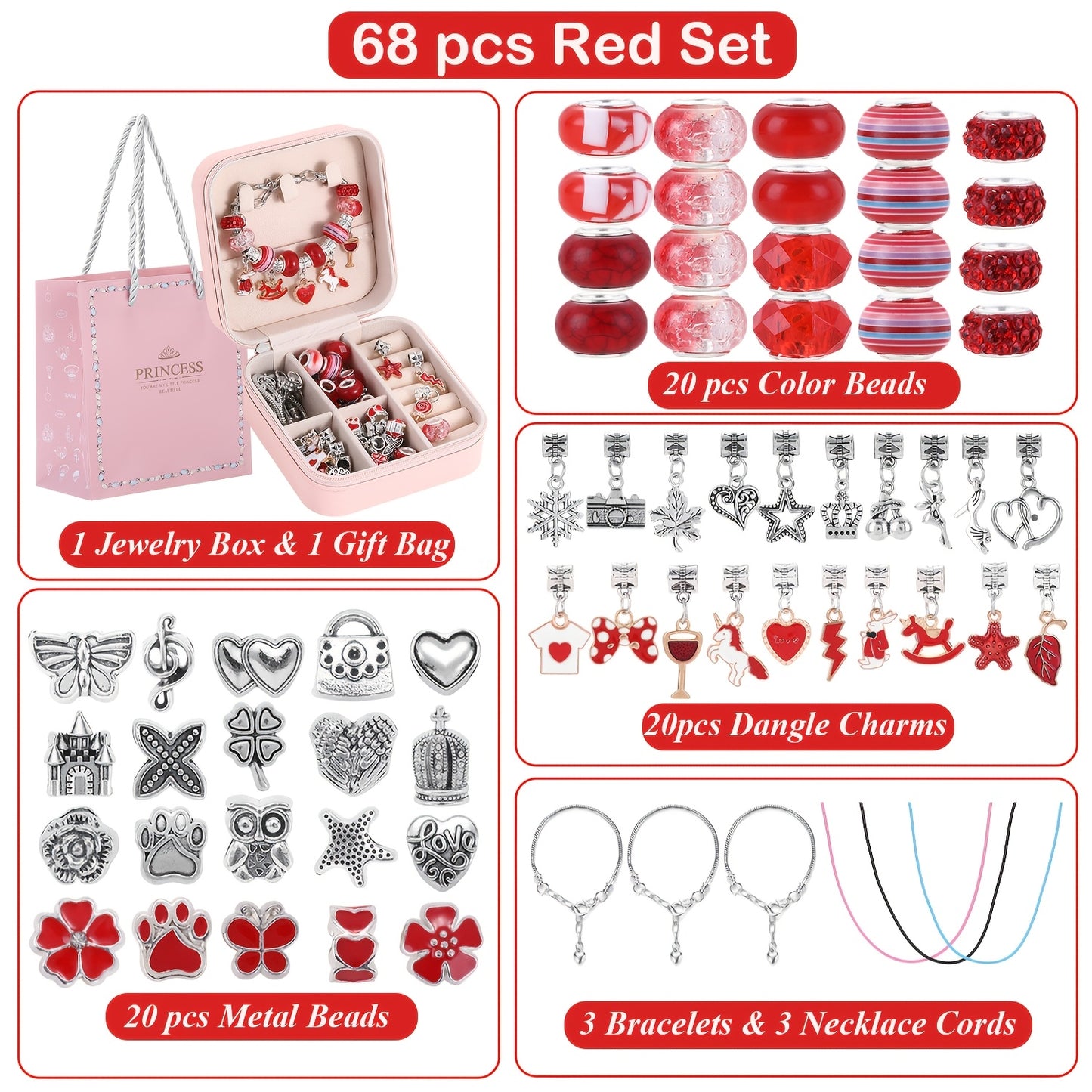 68 Pieces Red Beads And Bracelet Making Kit With Unicorn Love Theme DIY Jewelry Craft Portable Storage Box Gift