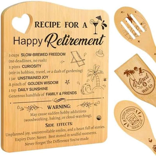 Retirement Gift for Women - Cutting Board with Recipe Book & Retirement Age Number (.. 2025) - Kitchen Board for Retirees, Chefs, Teachers - Meaningful for Farewell Parties & Use
