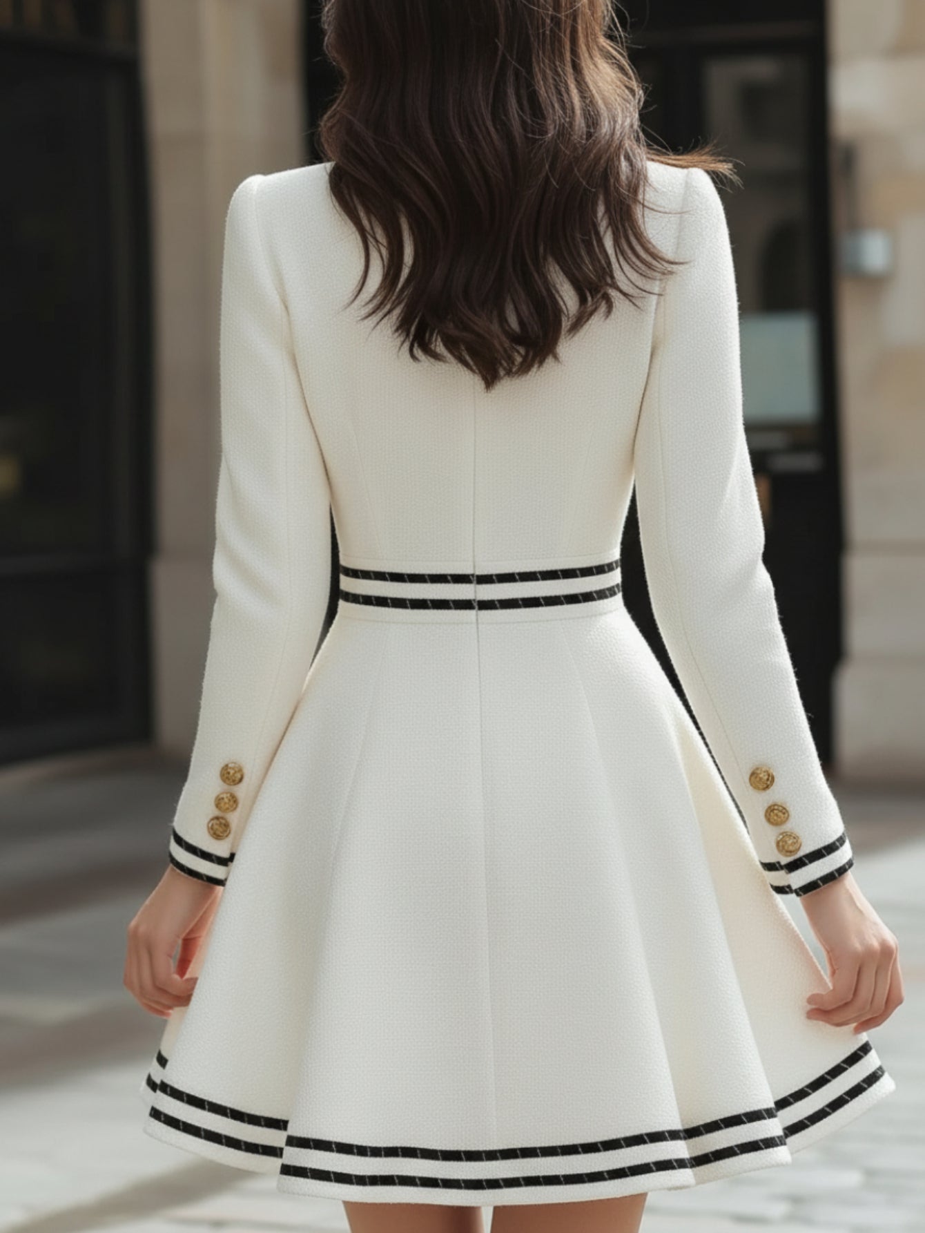 White Dress with Black Trim and Golden Buckle | Women's Retro French Courtly Sweet Style, Perfect for Afternoon Tea Dates, Holiday Parties, and Spring/fall Seasons