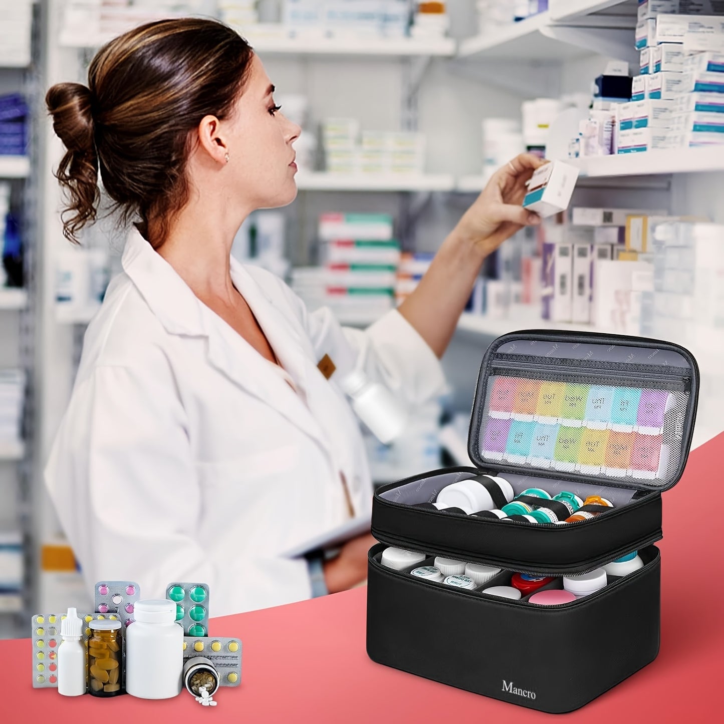 Dual-Layer Lockable Medicine Organizer Bag with Adjustable Partitions - Food-Safe Nylon Pill Case for Prescription Bottles, Vitamins & Medical Supplies - Travel, Home & Car Storage (Empty Bag Only), Pill Box for Purse