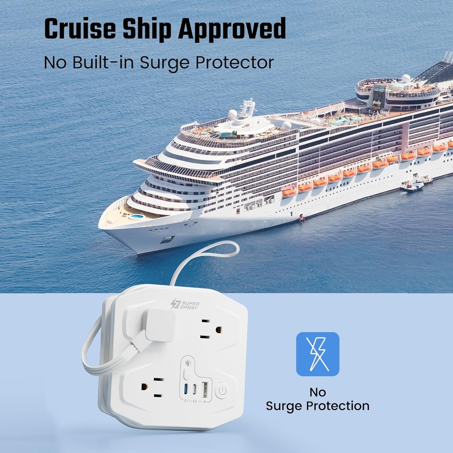 3 Outlet USB Power Strip With 3 USB Ports And 35W Fast Charge Cruise Approved Portable Cord Wrap Travel Extension Cord