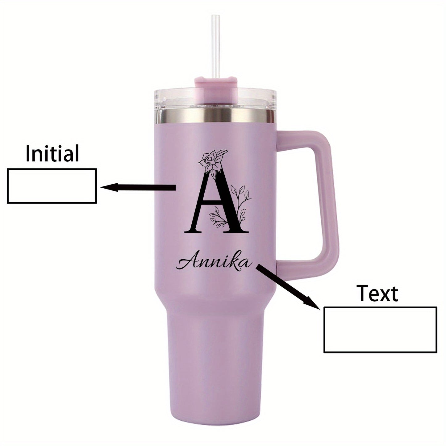 [Personalized Thermos Cup] 40oz Customized Name Thermos Cup | Double Wall Stainless Steel Handle Insulated Coffee Cup, Large Capacity with Lid And Straw, Personalized Gift with First Letter Flower Design, Travel And Office Cu