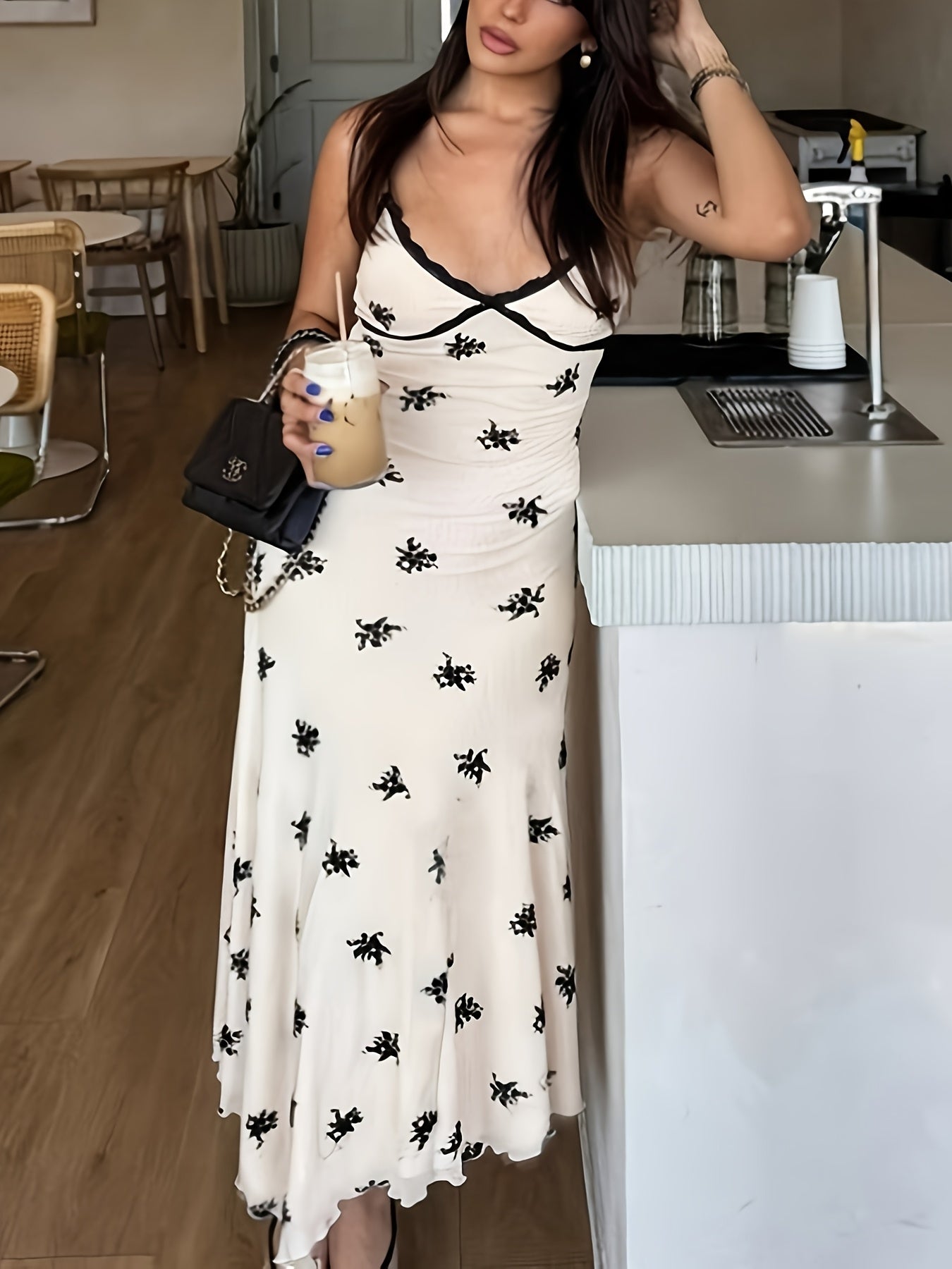 Apricot Floral Cami Dress Deep V Neck Lace Trim Slim Mermaid Midi Bodycon Fit Ditsy Floral Pattern Spring Summer