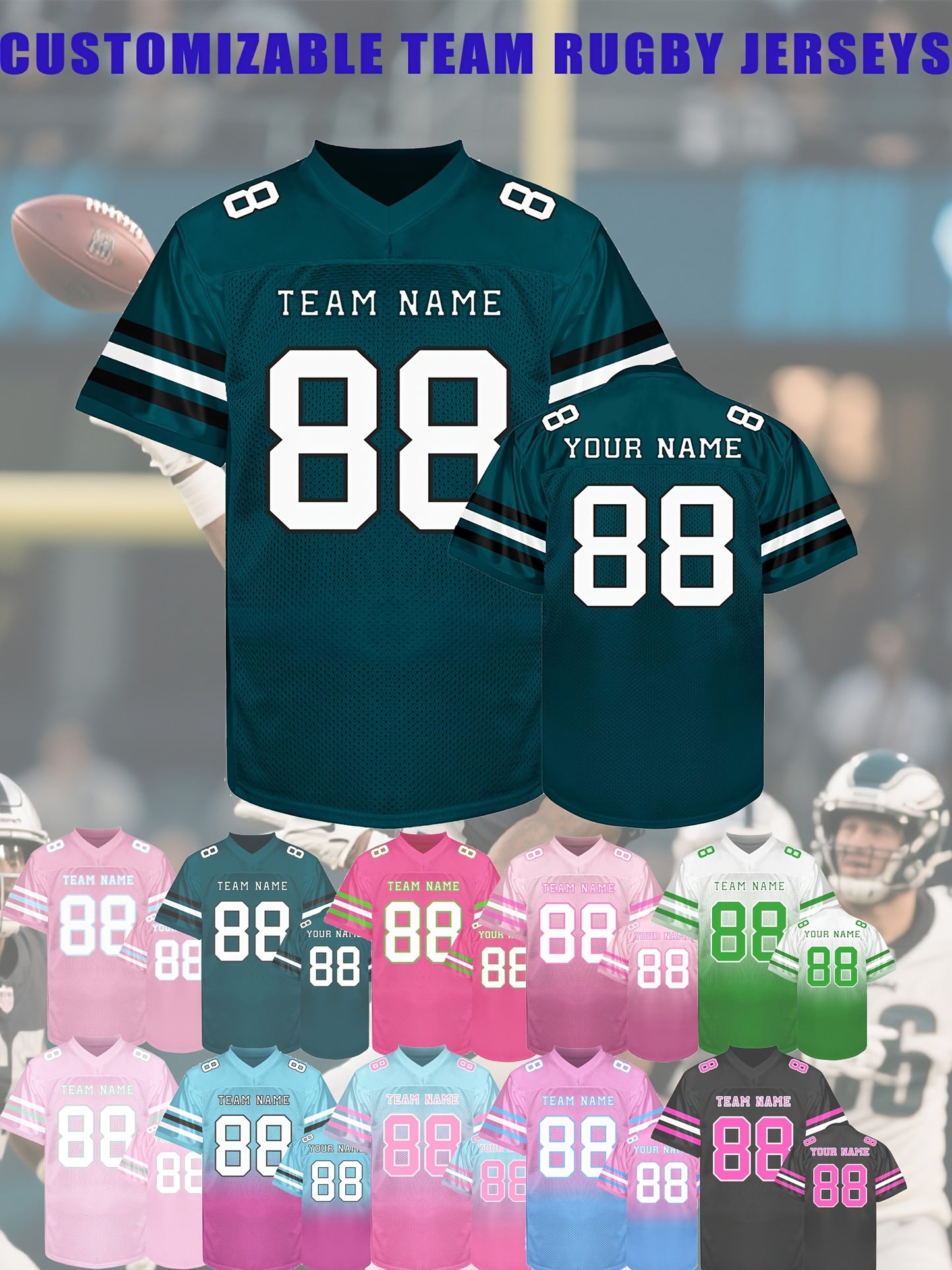 [Custom Rugby Jerseys] Custom Rugby Jerseys - Personalized Name, Number, Team - V-Neck Nylon Button Front - All-Season Comfort Fit - Custom Colors (Black/Pink/Teal/Green/) - for Men, Teams, Sports, Training, Parties, Casual W