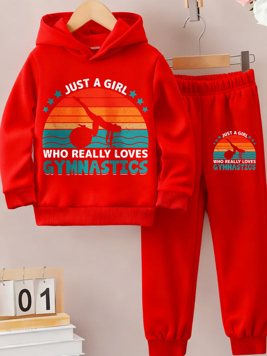 Girls Hoodie And Pants Set Gray Just A Girl Who Really Loves Gymnastics Vintage Sunset Design for Gymnastics Practice And Casual Wear, Perfect for Outdoor