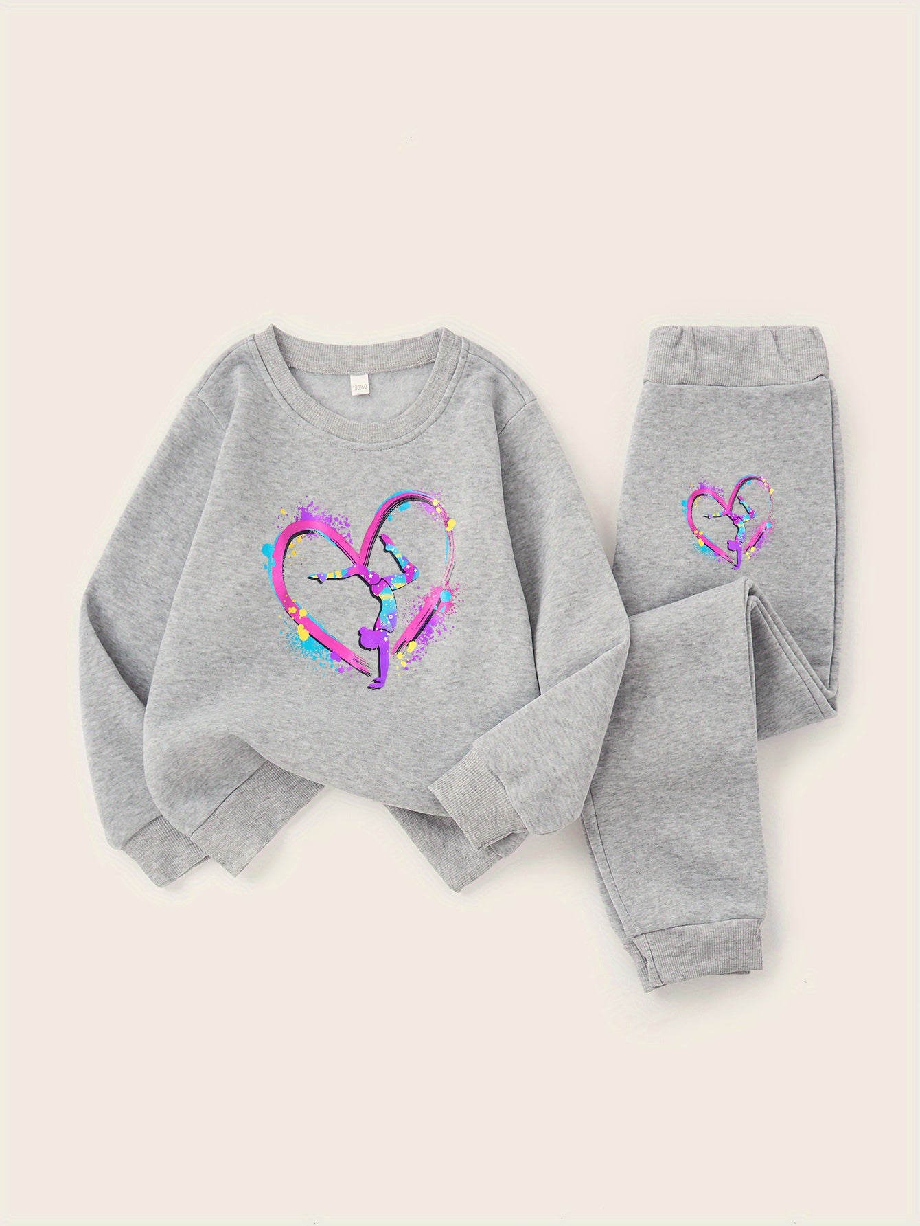 Girls' Cozy Gymnastics Watercolor Print Sweatshirt Set - Black with Vibrant Heart Design, Perfect for Outdoor Activities, Casual Wear, Allseason Comfort, Gymnastics Outfit|Playful Print|Stretchy Fabric