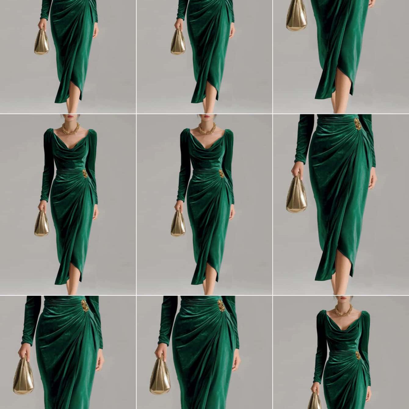 Velvet Midi Dress for Holiday Parties, Deep Brown Cowl Neck Gown with Asymmetric Hem, Stunning Christmas Party Dress with Golden Accent