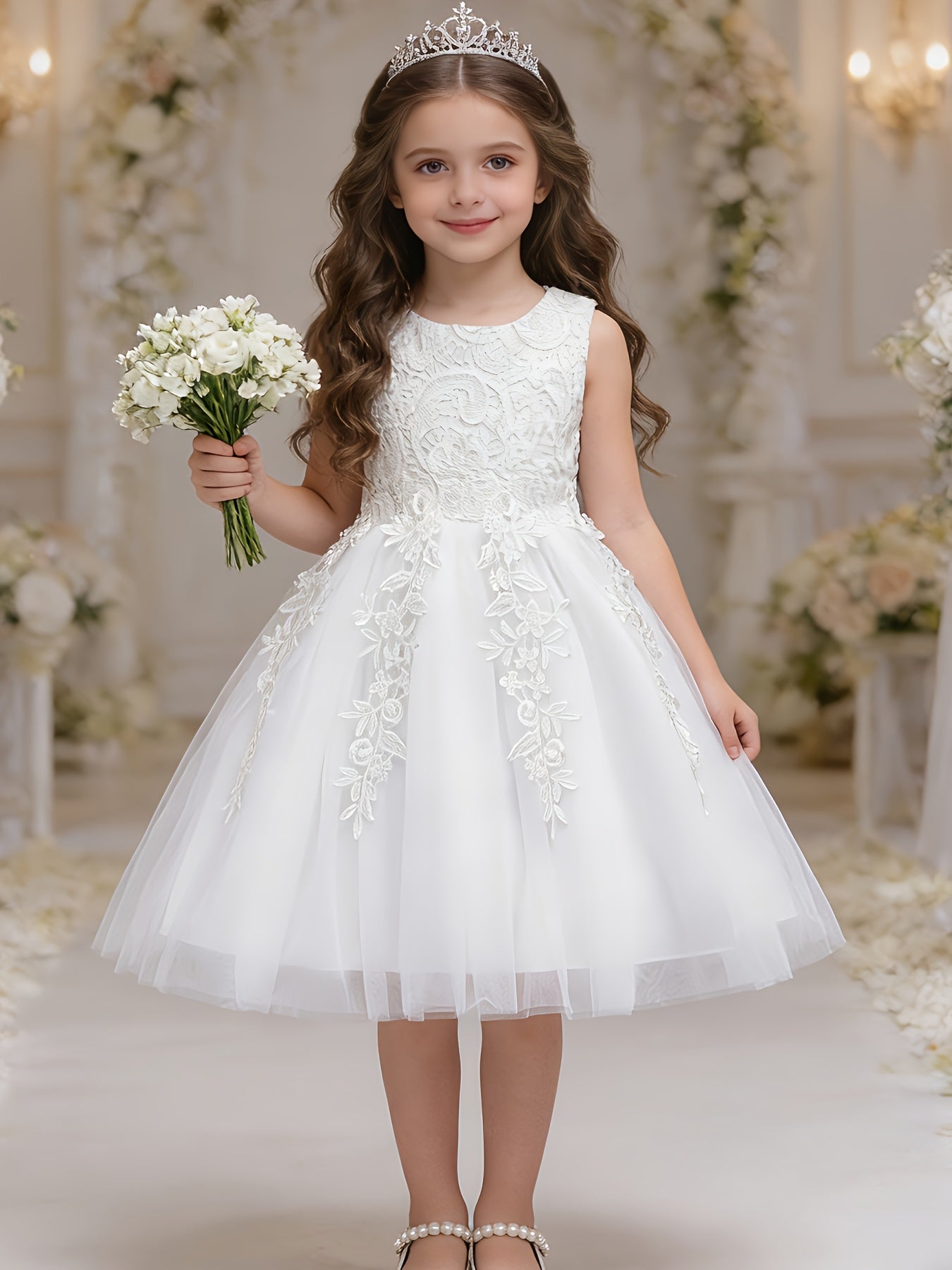 Girls Lace Embroidered Dress With Bow Waist And Mesh Skirt