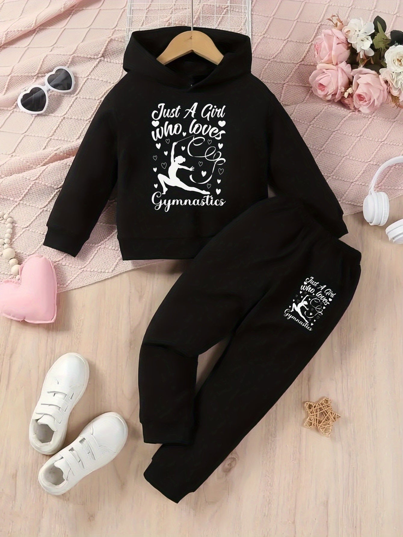 Girls Hoodie and Pants Set Black Just A Girl Who Loves Gymnastics Print Casual Wear for Gymnastics Practice and Everyday Outfits, Perfect for Outdoor