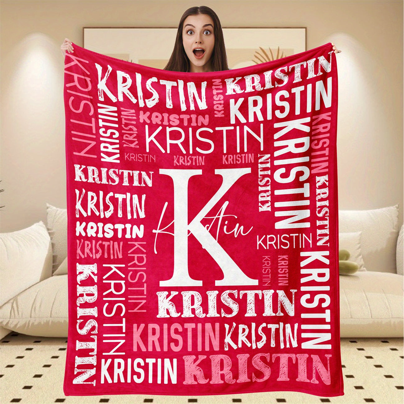 Personalized Name Throw Blanket - Extra Large or Standard - Soft & Breathable Flannel - All-Season Luxury - Bold Lettering (Pink, Blue, Purple, Red, Turquoise, Black, White, Grey, Beige) - Ideal Gift for Women, Girls, Boys -