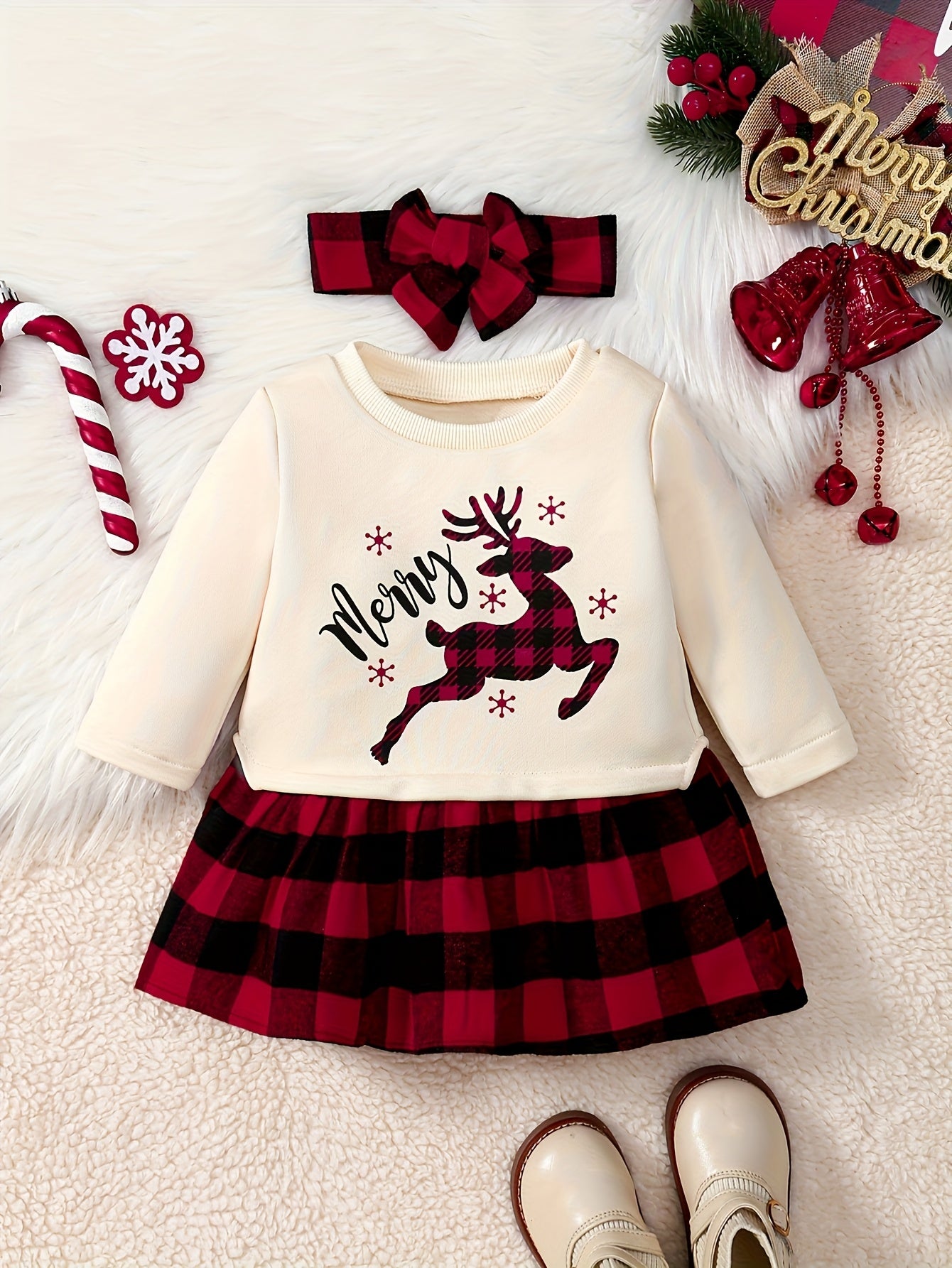 Baby Girl Christmas Dress With Reindeer And Plaid Skirt