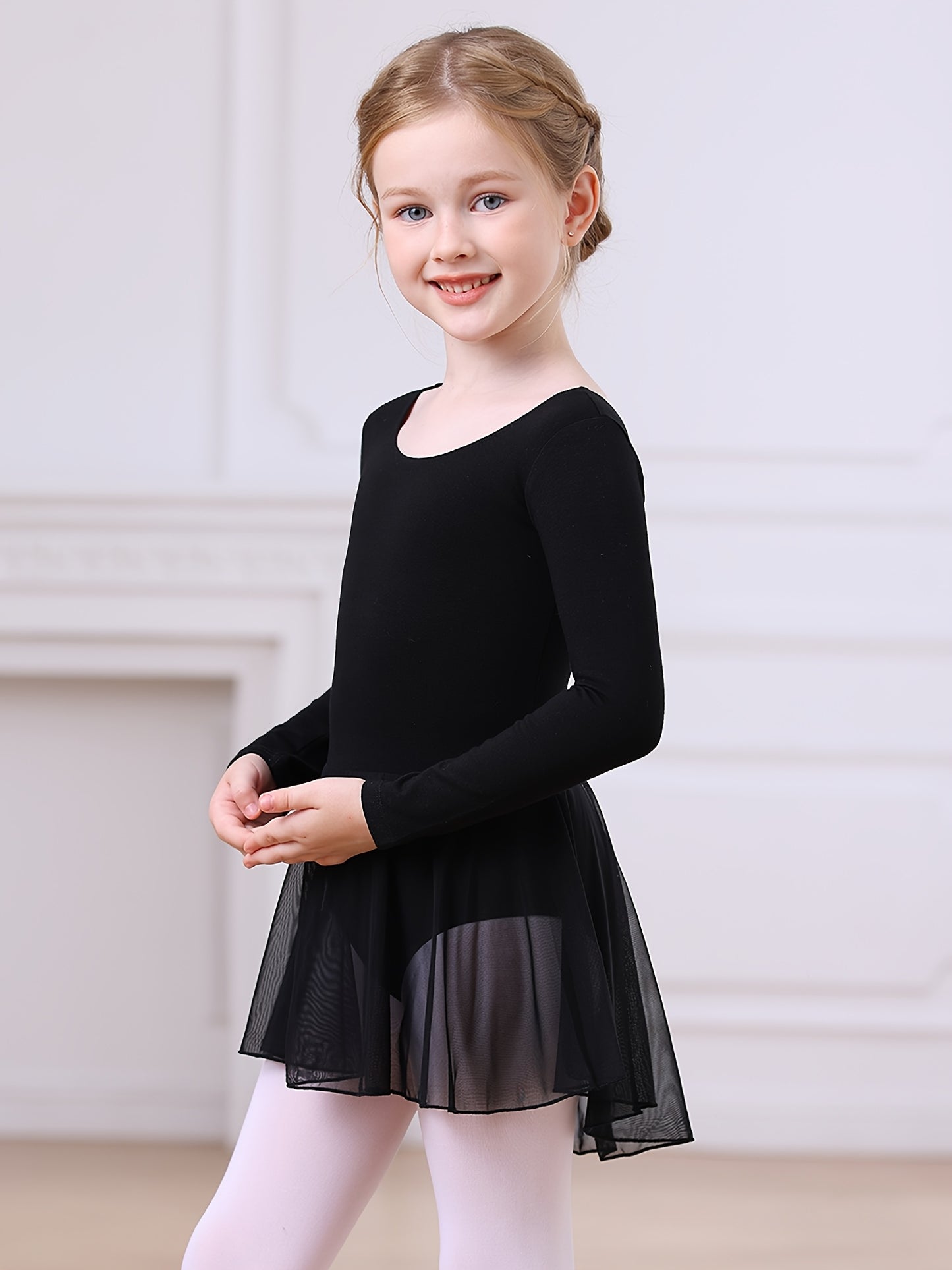 Christmas Gift Girls' Dance Dress - Long Sleeve Basic One-Piece Mesh Dress With High-Low Hem, Kids' Ballet Leotard Training Wear For Dance, Sports, Outdoor