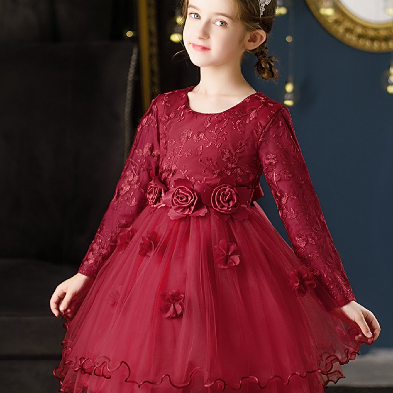 [Princess Style Girls' Dress] Emerald Green Princess Style Lace Long Sleeve Girls' Dress | Floral Waist Tiered Skirt Party Dress for Special Occasions & Daily Wear