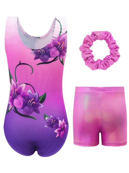 Girls' Gymnastics Bodysuit Set, Shiny Ballet Dance Outfit with Three Pieces Including Sparkling Shorts And a Headpiece.