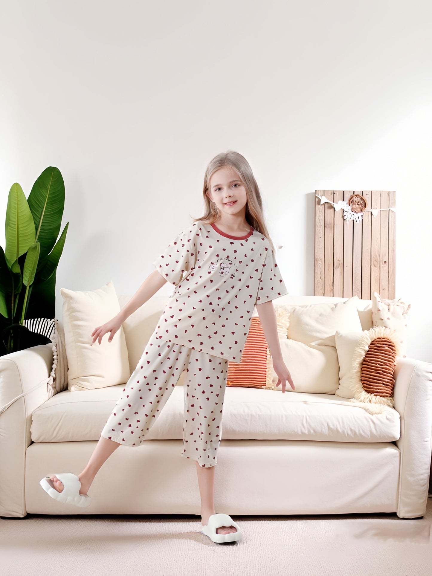 2pc Cute Kitten And Heart Print Pajamas Set For Girls Short Sleeve Sleepwear With Matching Pants Machine Washable