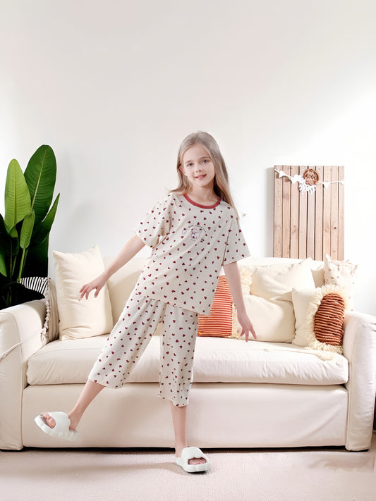 2pc Cute Kitten And Heart Print Pajamas Set For Girls Short Sleeve Sleepwear With Matching Pants Machine Washable