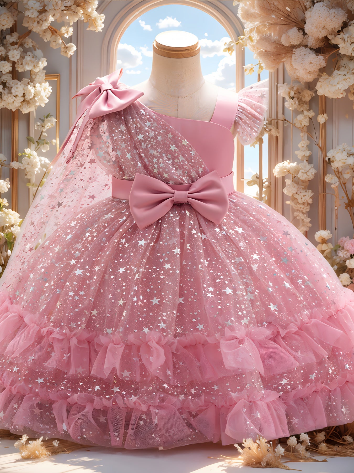 1st Birthday Girl Dress with Detachable Cape & Starry Tutu - Mint Green Sparkling Princess Party Gown, Soft Breathable Baby Girl for Weddings, Photo Shoots & Celebration Outfit (Short Sleeves, Belt)