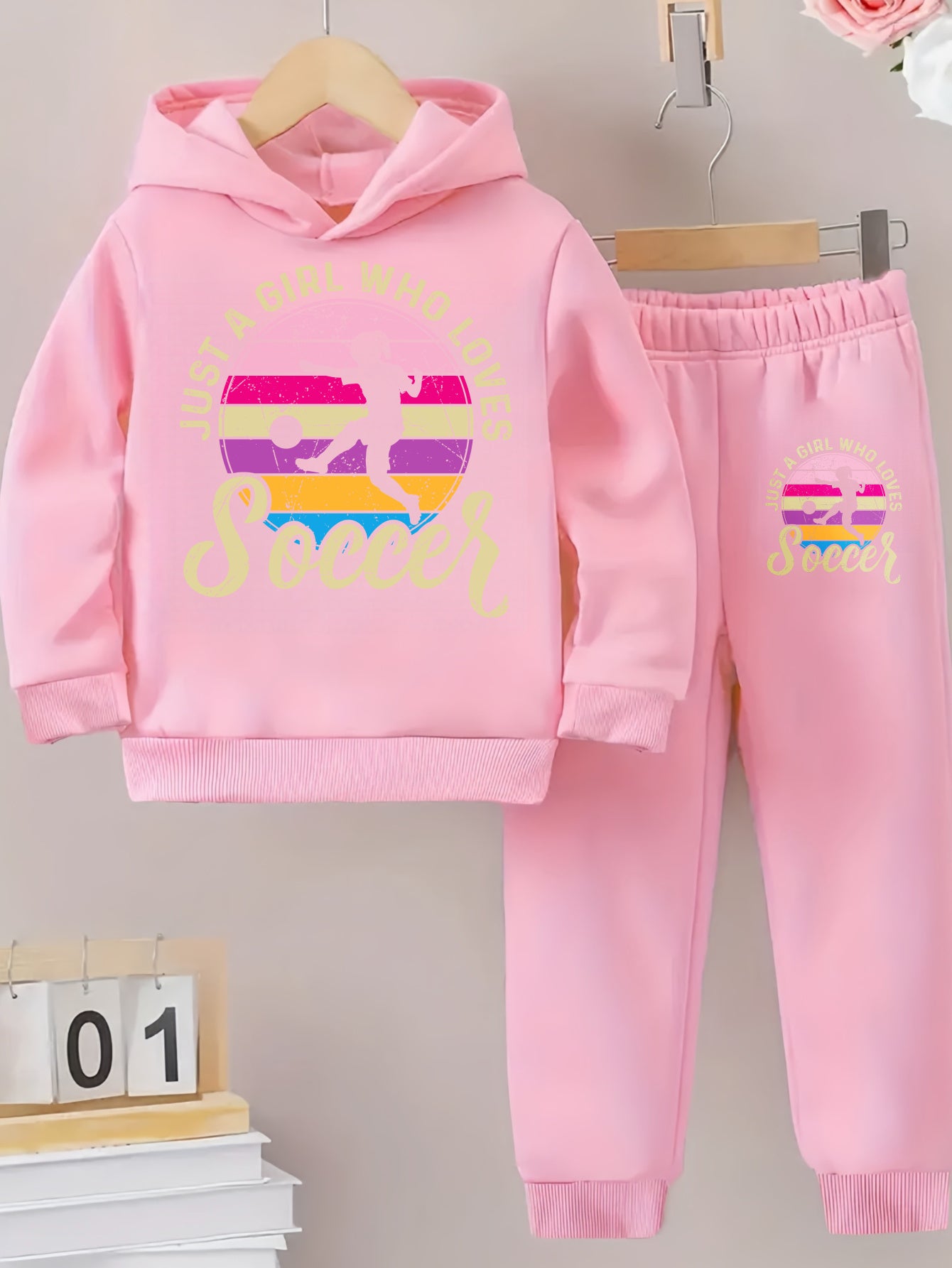 Girls Hoodie and Pants Set - Soccer Graphic Outfit with Hood, Long Sleeve Matching Tracksuit, Soft Pink & Black Soccer Print, Warm Casual Sportswear for Soccer Practice, Games, Casual Attire - Girls' Athletic Clothing, for Ou