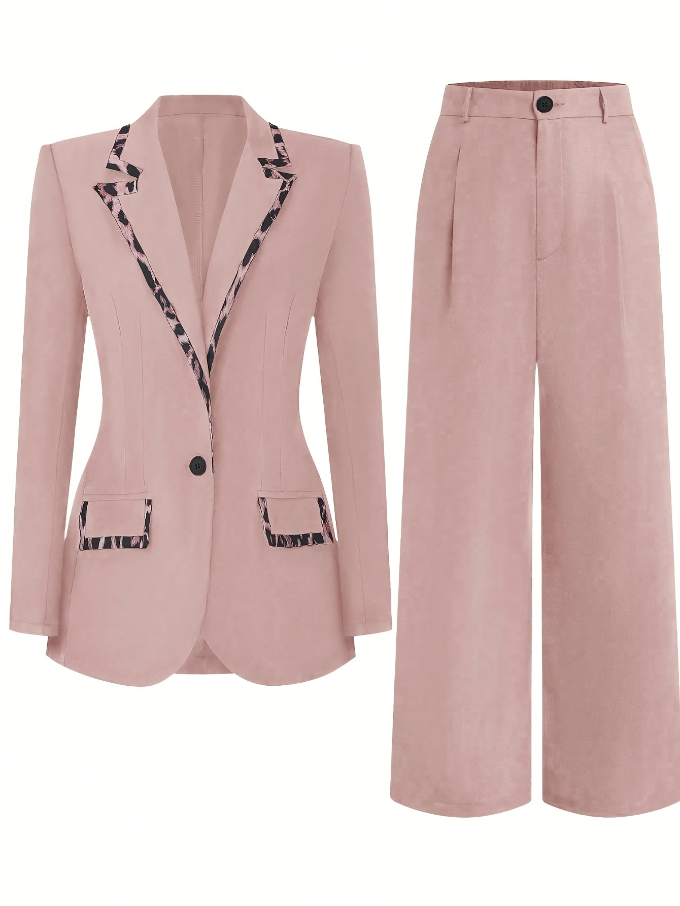 Two-Piece Beige Leopard Print Blazer And Wide Leg Pants Suit For Office To Party With Collar