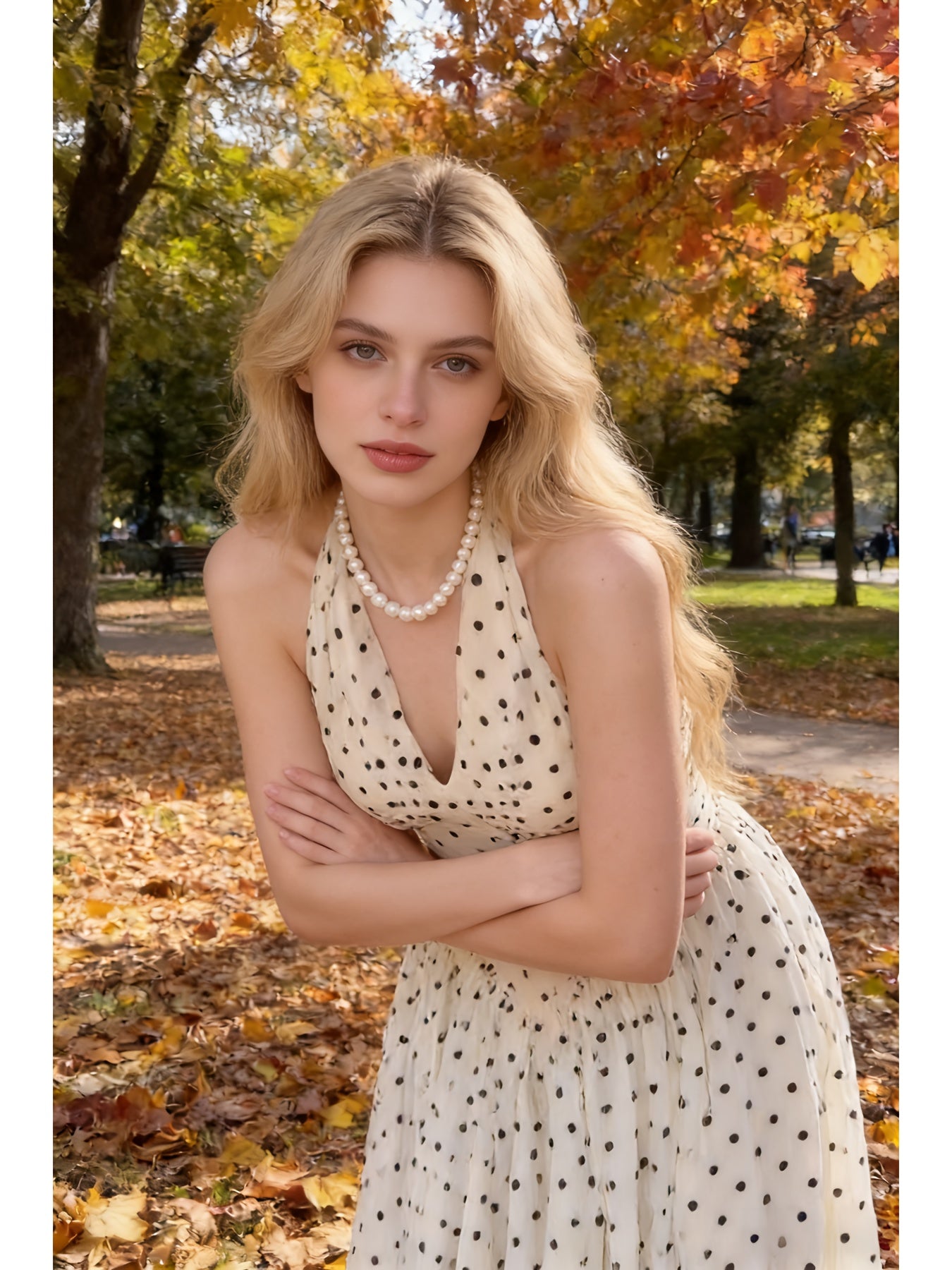 French Polka Dot V-neck Halter Dress | Pure and Seductive Waist-Controlled Big Swing Long Dress, Backless Slim-fit Fairy-like Skirt for Women, Elegant Style for Spring/Summer/Fall