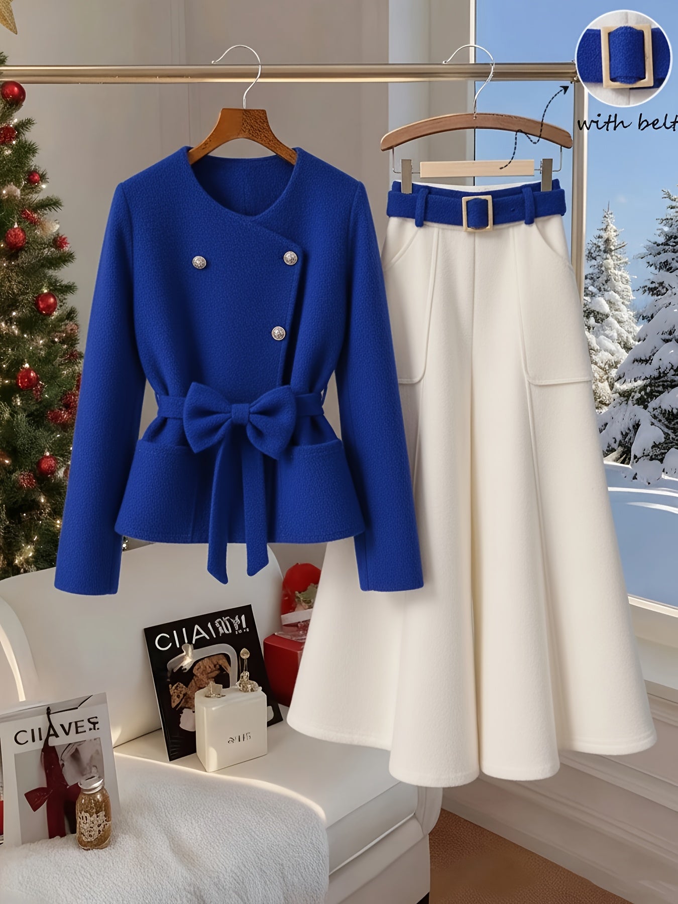 Women'S Two-piece Set (waist Cinching Jacket+wide Leg Skirt Pants, Bow And Waistband Design) | Suitable For Christmas Parties, New Year's, And Holiday Outings, Creating A Festive And Elegant Dressing Style