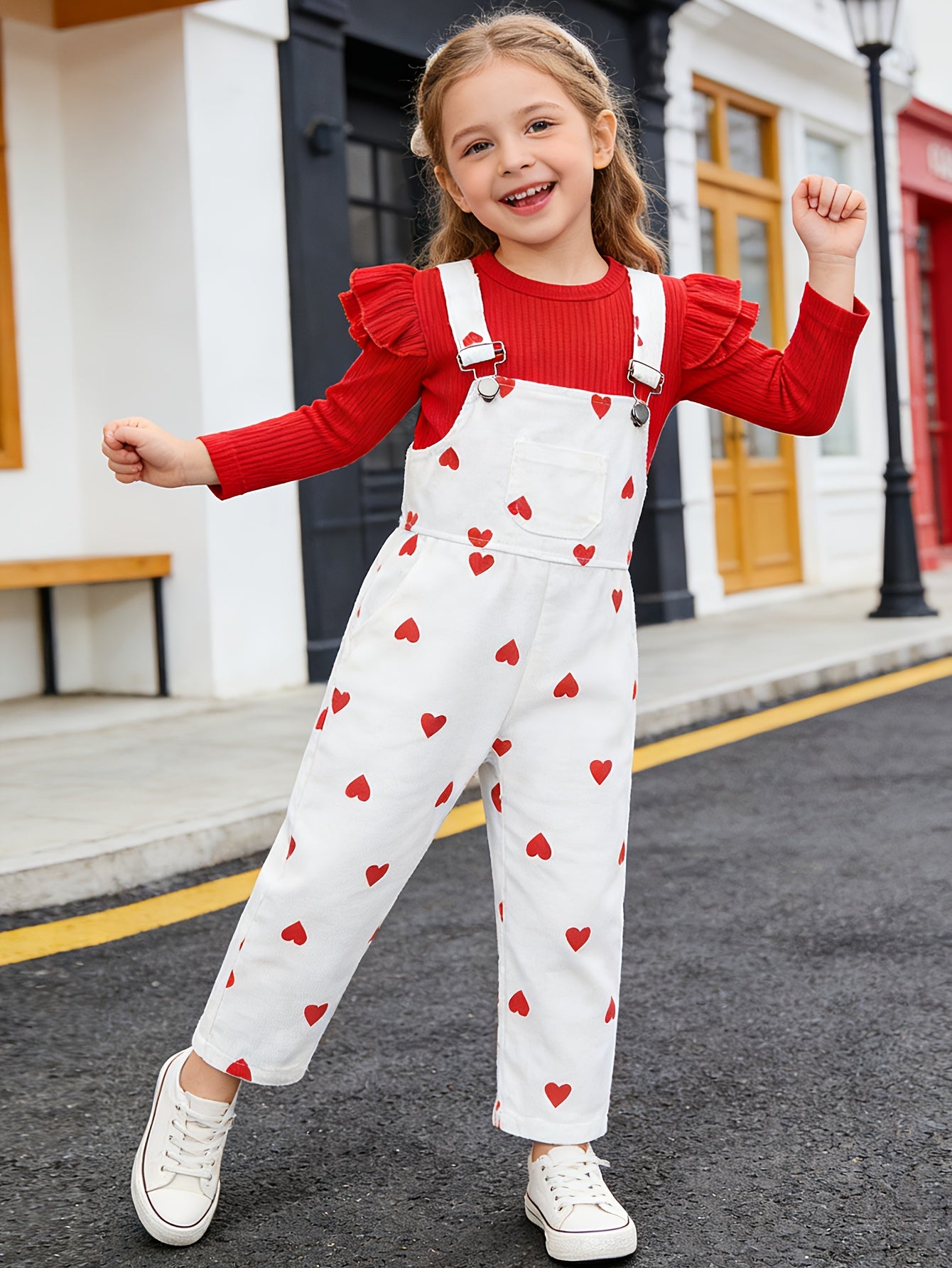 Sweet Style Heart Print Two Piece Girls Valentine Day Outfit