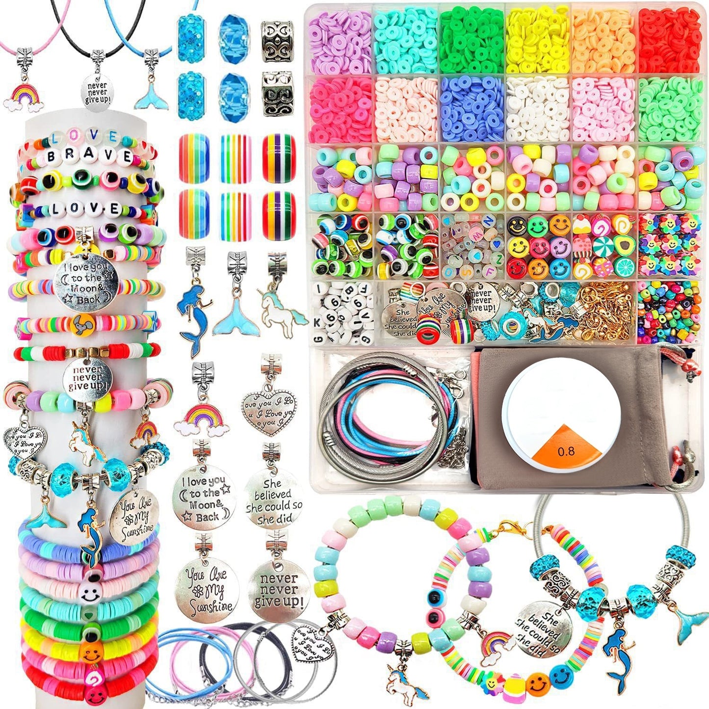 Bracelet Making Kit with Unicorn & Mermaid Beads, Letter Beads, Rainbow Beads & DIY Jewelry Craft - Complete Charm Bracelets Kit for Birthday Party Favors, Creative Birthday/Halloween Gifts with Storage -like Manual (Ages