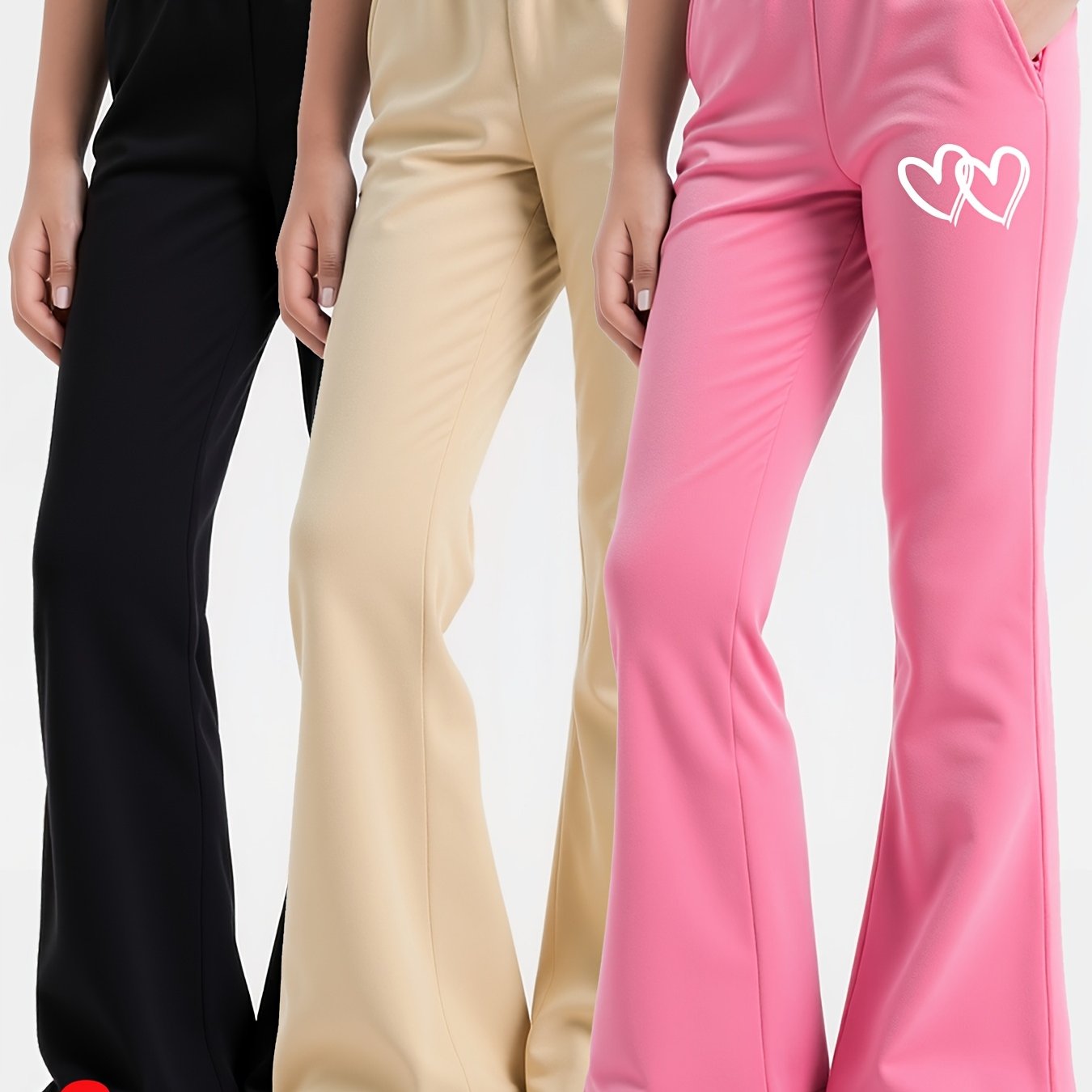 Three Piece Set Girls Flared Pants With Heart Design And Fleece Lining
