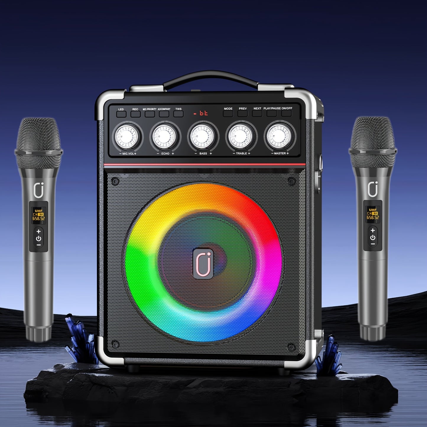 Karaoke Machine, with 2 Wireless Karaoke Microphones, Party Speaker with Bass/Treble Adjustment, DJ Lights, Portable Speaker for Home Party, Birthday, Gatherings, Christmas Gift