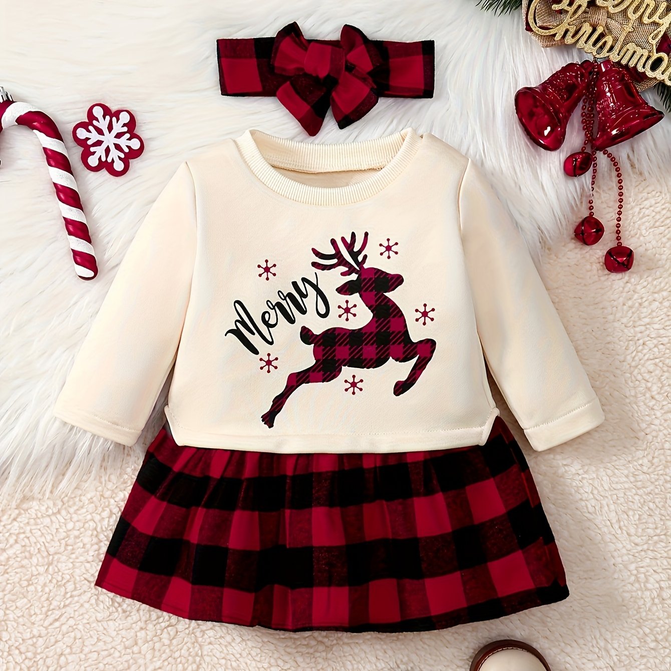 Baby Girl Christmas Dress With Reindeer And Plaid Skirt