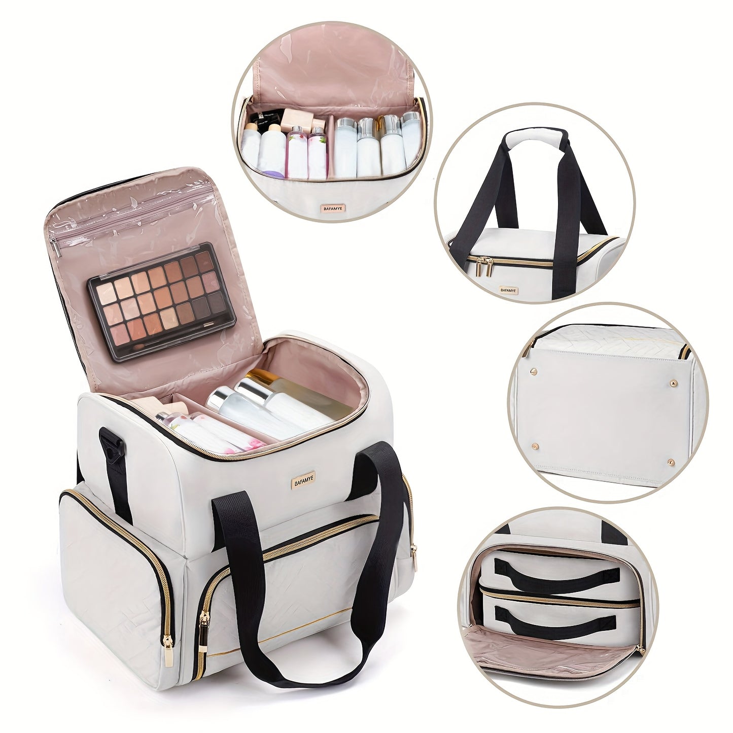 Large High Quality Travel Makeup Organizer Bag for Women - 2 Removable Cosmetic Cases, Double Layer Toiletry Bag with Multiple Compartments, Durable Polyester, Black with Golden Accents, Sleek Stylish Design | Easyaccess Hand