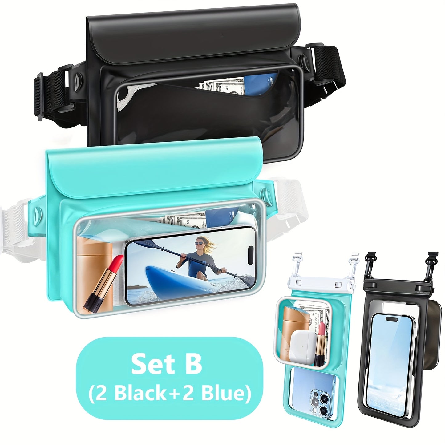 RYNAPAC Waterproof Waist Bag With Adjustable Waistband Double Compartment Fits Up To 7.5 Inches For Galaxy Phones Beach