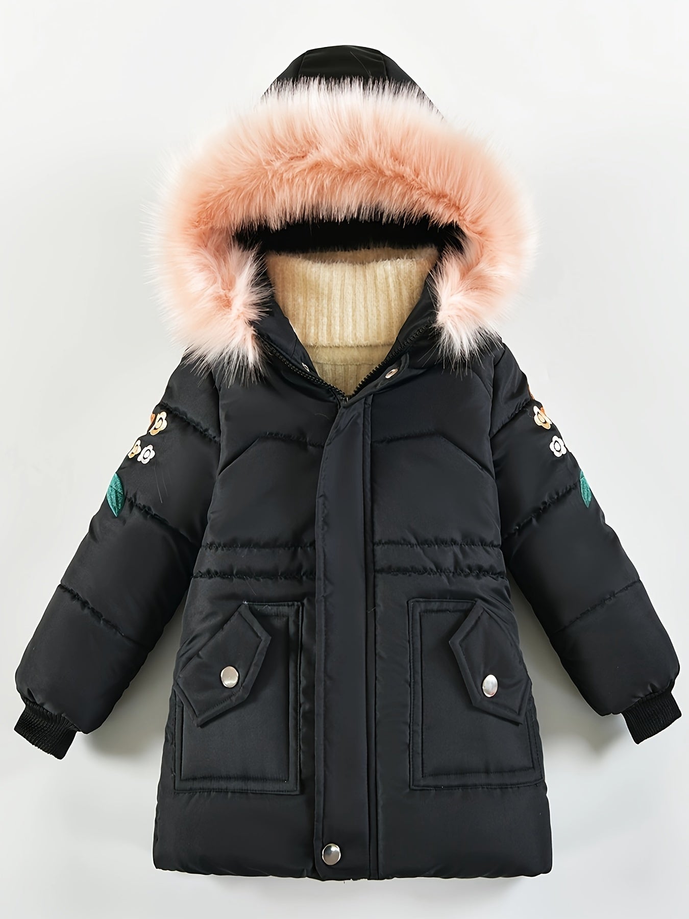 [Pink Winter Parka] Winter Pink Girls' Parka | Thickened Warm Jacket with Faux Fur Hood, Zip-Up Outerwear, Polyester, Machine Washable, 3-7Y, Cozy Youngsters Outerwear, Floral Winter Coat, Plush Lined Comfort