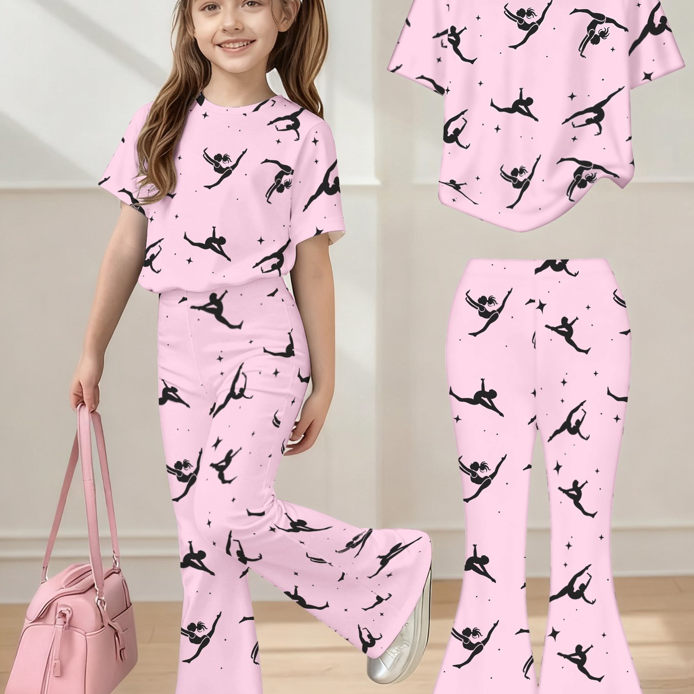 Girls 3D Print Gymnastics Two Piece Outfit With Crew Neck