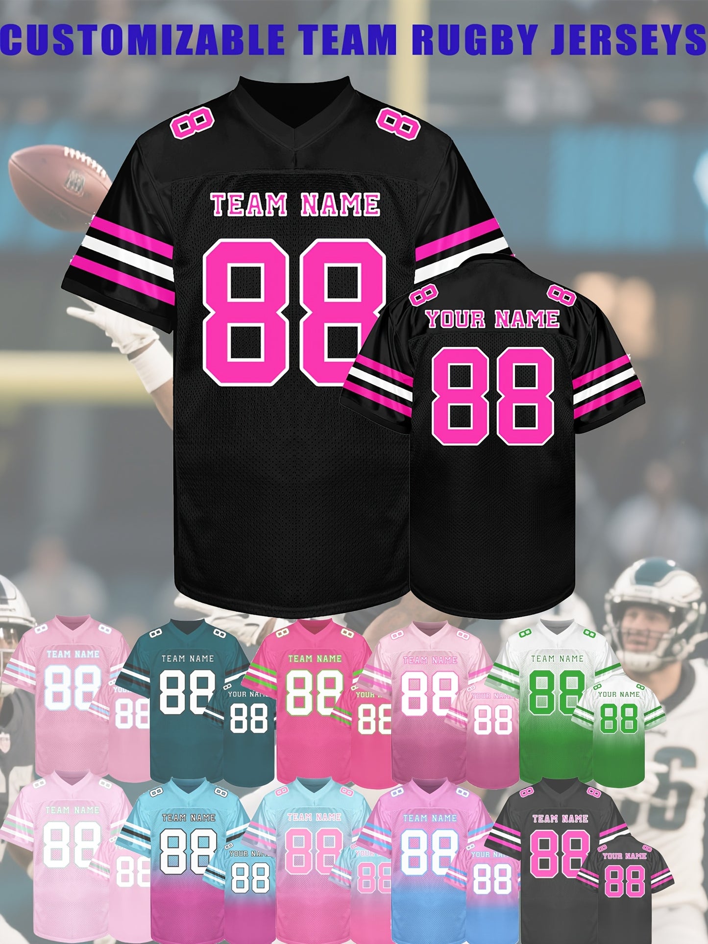 [Custom Rugby Jerseys] Custom Rugby Jerseys - Personalized Name, Number, Team - V-Neck Nylon Button Front - All-Season Comfort Fit - Custom Colors (Black/Pink/Teal/Green/) - for Men, Teams, Sports, Training, Parties, Casual W