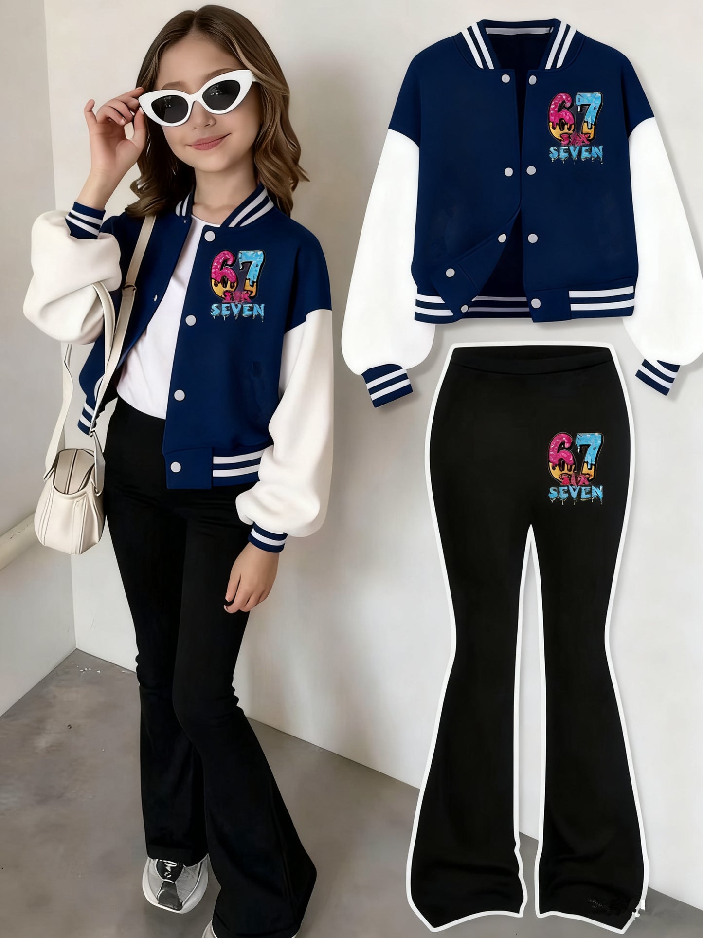 2pcs set, girls' jacket and flared pants set, 3-12 years old, autumn and winter, colorful, number 67, 3D printing, polyester blended with spandex fabric, K-pop style, suitable for holiday parties, creative gifts, daily casual